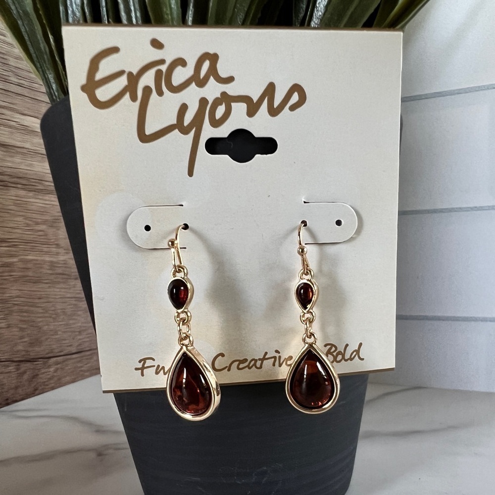 Erica Lyons Gold & Burgundy Gemstone Teardrop Dangle Earrings Modern